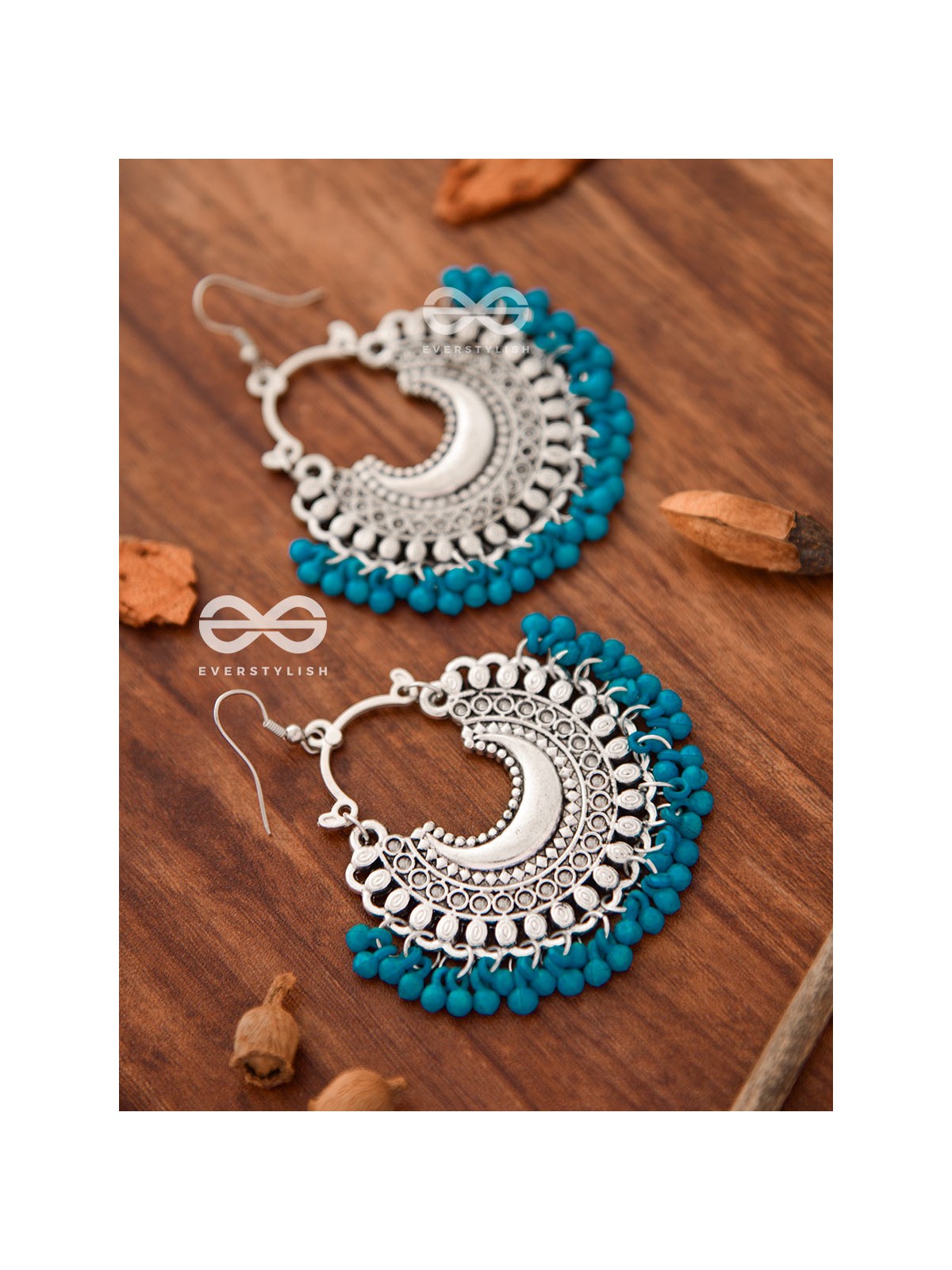 The Motif Moon Chandbali Earrings (Teal Blue) - The Boho Basics