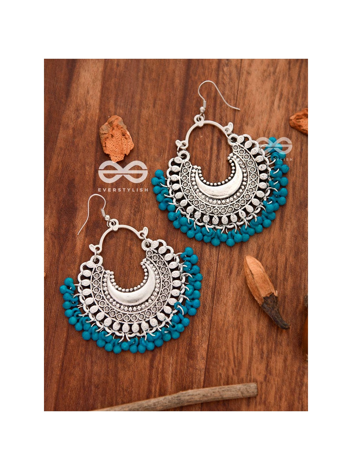 The Motif Moon Chandbali Earrings (Teal Blue) - The Boho Basics