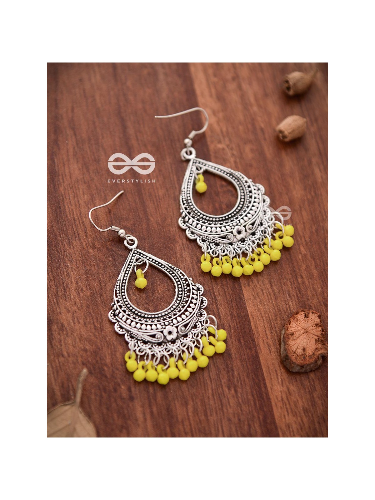 The Intricate Motif Drops (Yellow) - Oxidised Boho Earrings