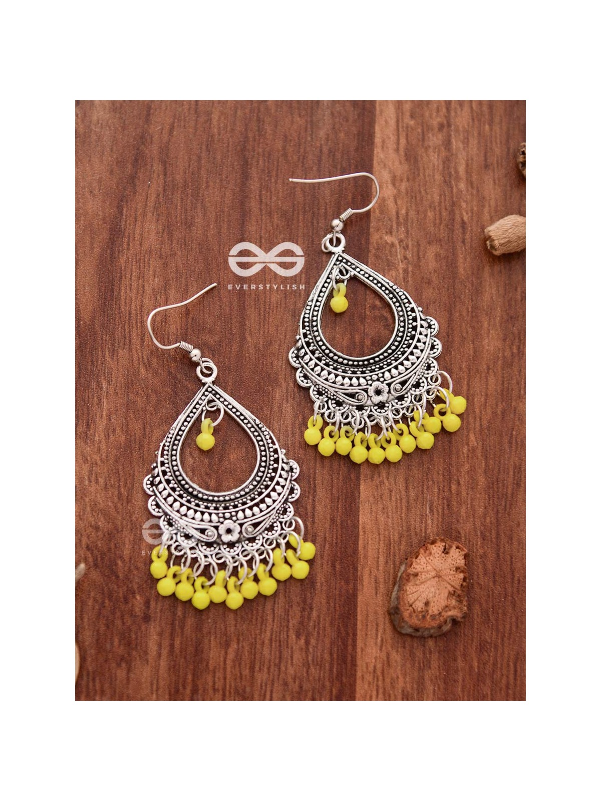The Intricate Motif Drops (Yellow) - Oxidised Boho Earrings