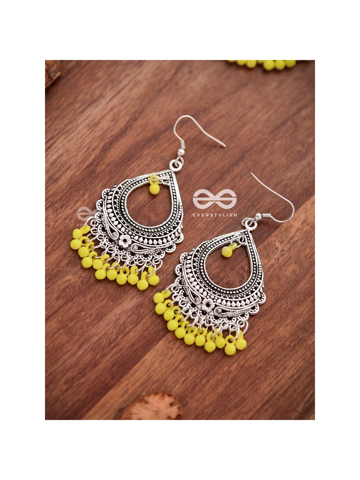 The Intricate Motif Drops (Yellow) - Oxidised Boho Earrings