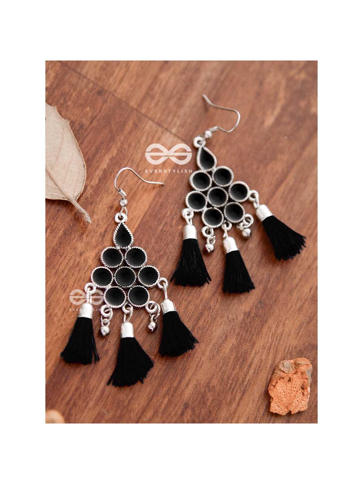 The Enamelled Tassels (Black) - Embellished Oxidised Earrings