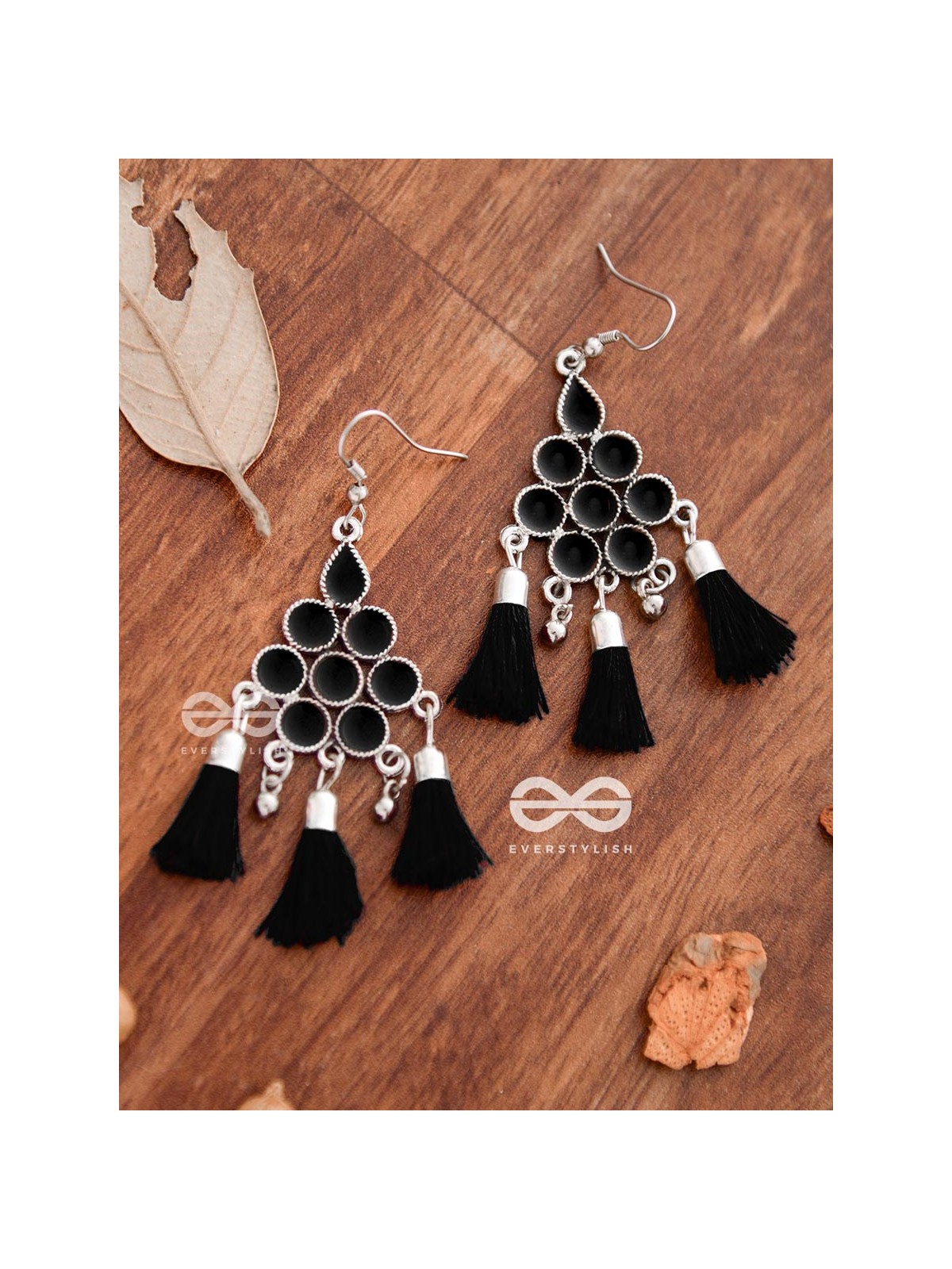 The Enamelled Tassels (Black) - Embellished Oxidised Earrings