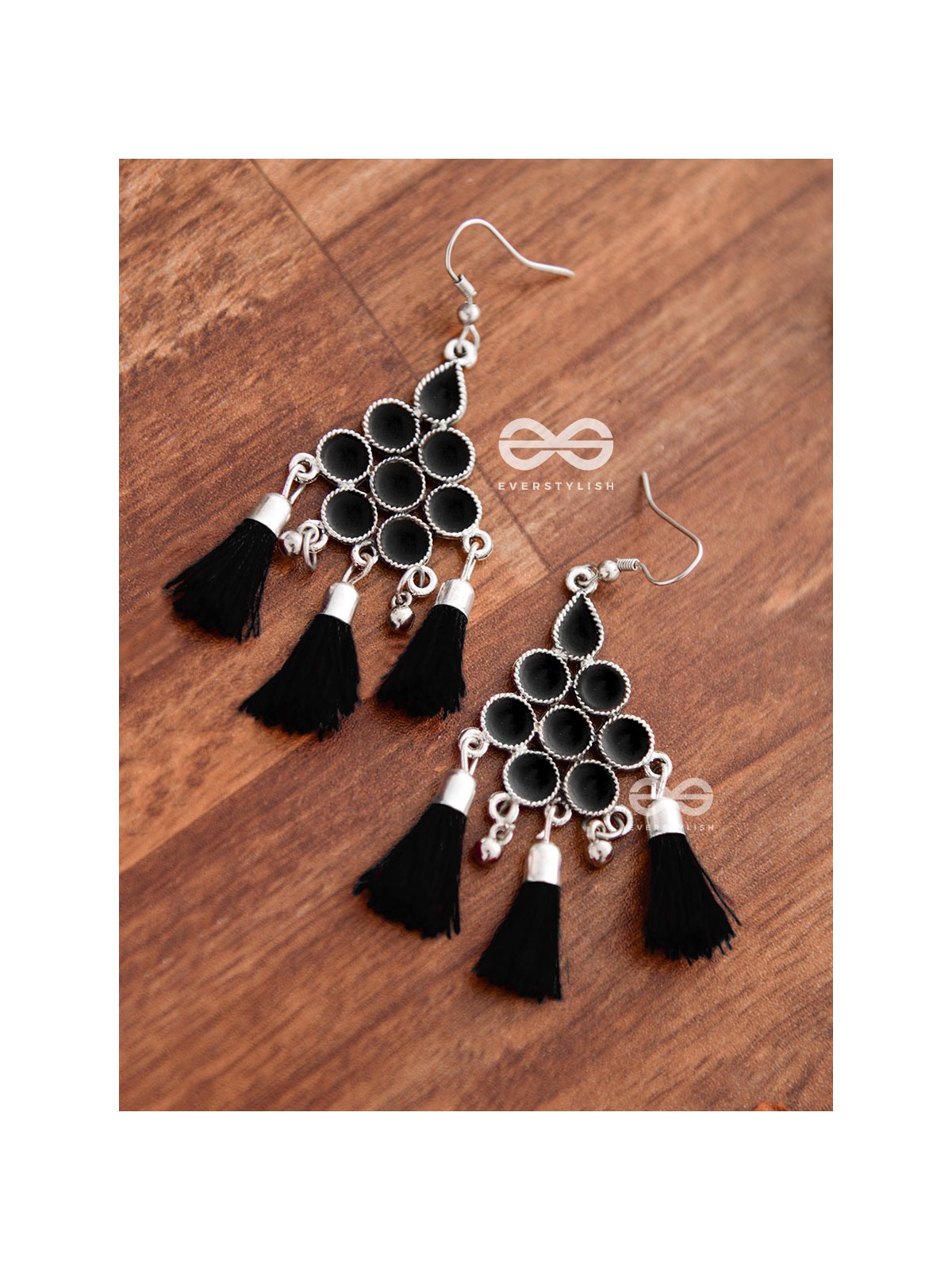 The Enamelled Tassels (Black) - Embellished Oxidised Earrings