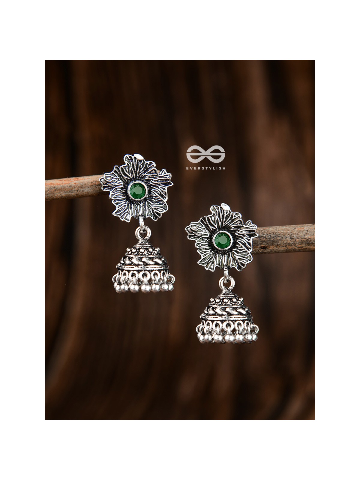 The Artsy Floral Jhumkis (Emarald) - Embellished Oxidised Collection