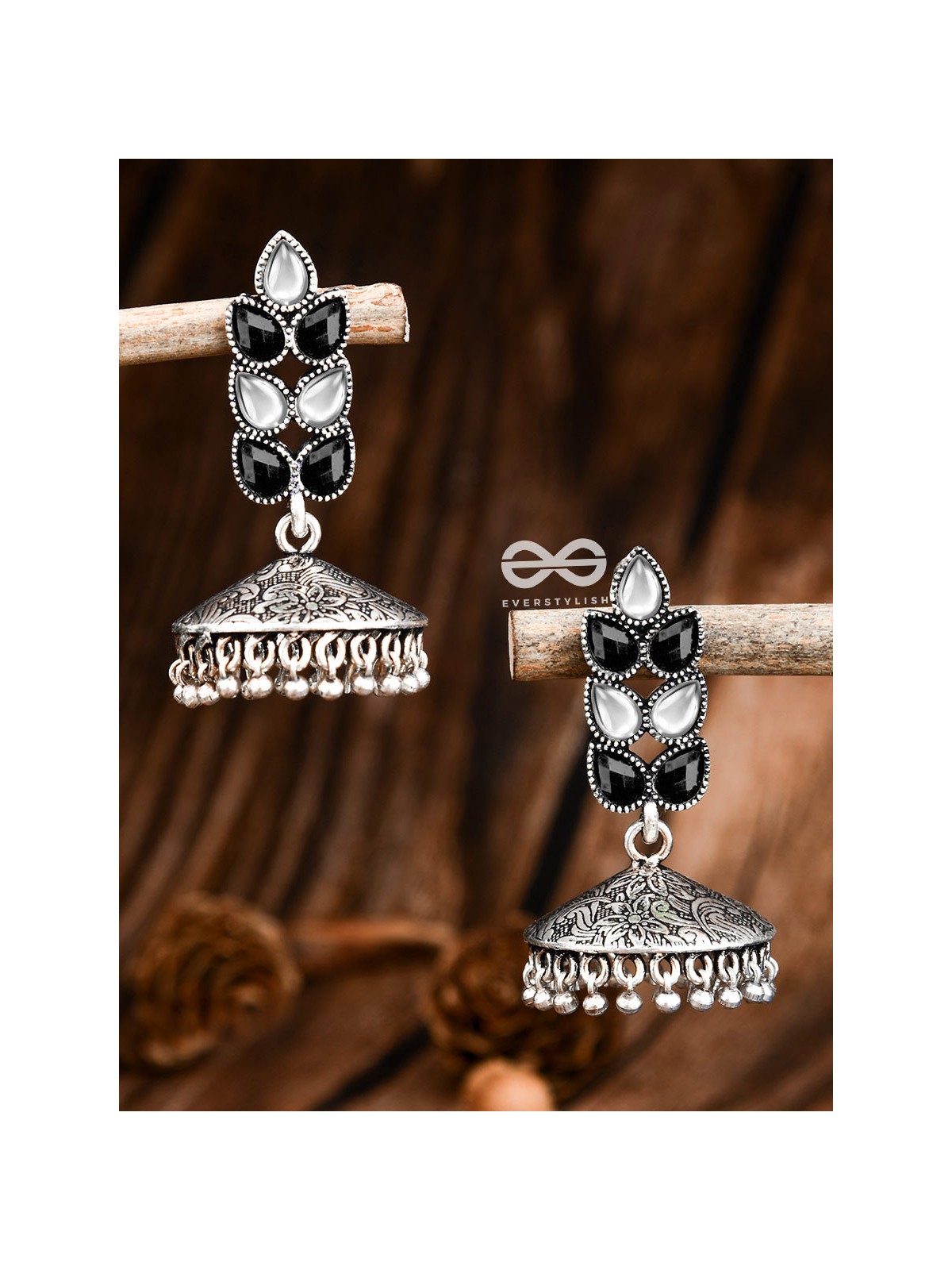 The Olive Branch Intricate Jhumkis - Black White - The Embellished Oxidised Collection