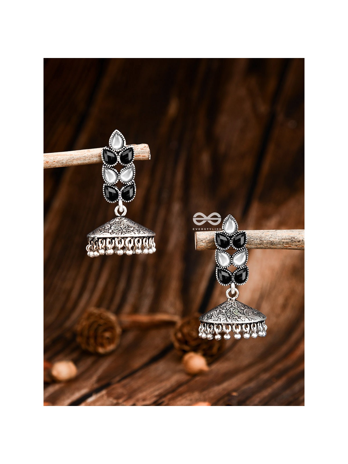 The Olive Branch Intricate Jhumkis - Black White - The Embellished Oxidised Collection
