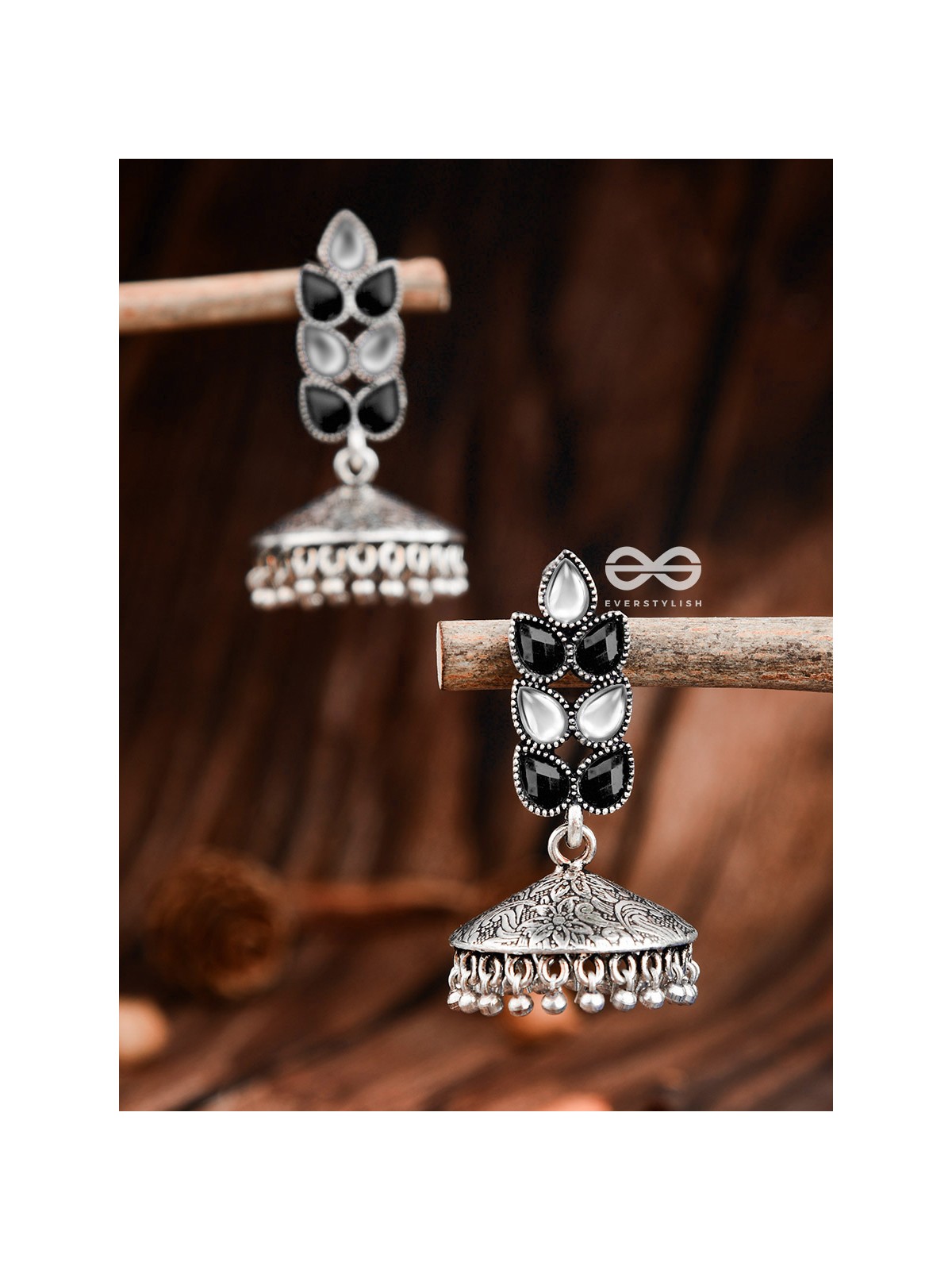 The Olive Branch Intricate Jhumkis - Black White - The Embellished Oxidised Collection