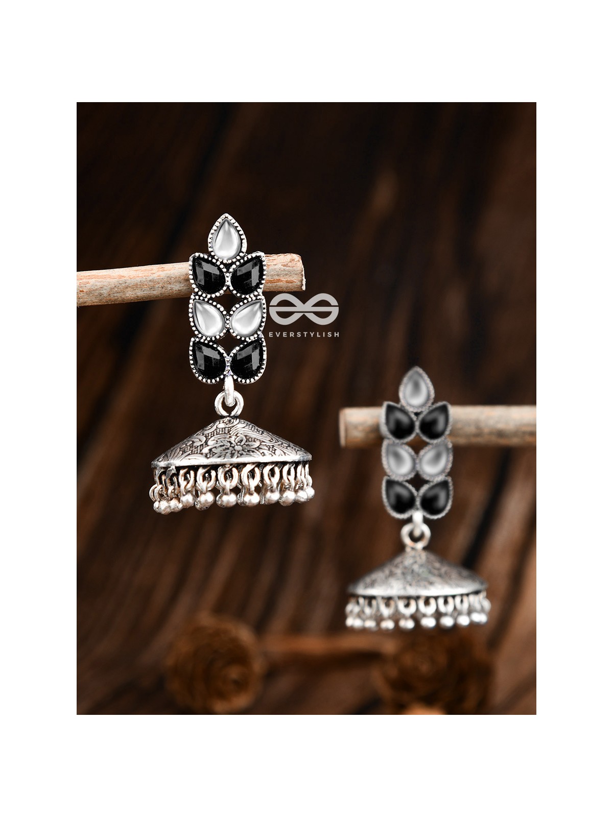 The Olive Branch Intricate Jhumkis - Black White - The Embellished Oxidised Collection