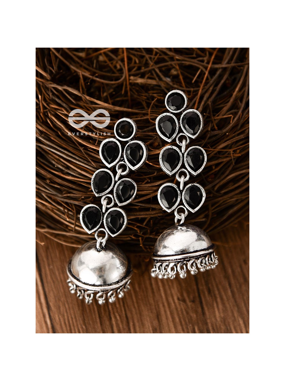 The Playfully Elegant Jhumkas (Onyx Black) - Embellished Oxidised Collection