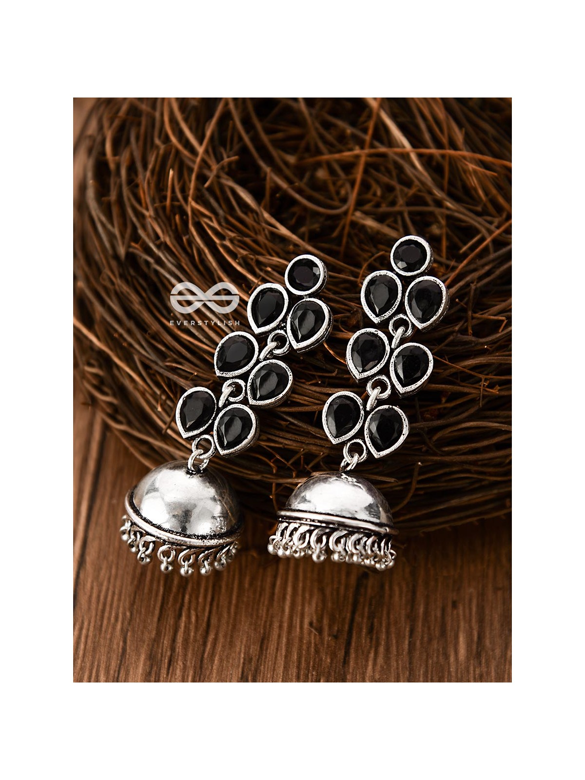 The Playfully Elegant Jhumkas (Onyx Black) - Embellished Oxidised Collection