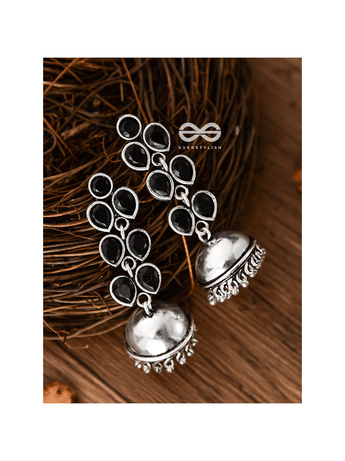 The Playfully Elegant Jhumkas (Onyx Black) - Embellished Oxidised Collection