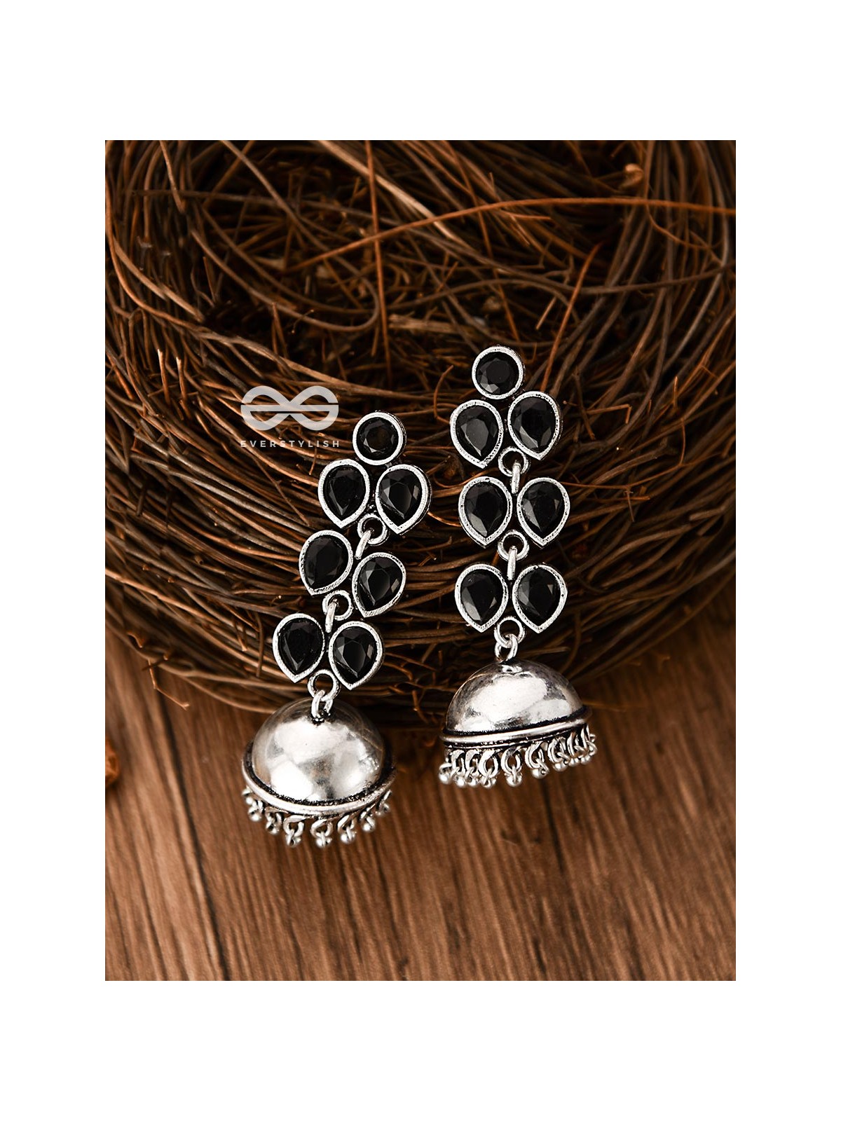 The Playfully Elegant Jhumkas (Onyx Black) - Embellished Oxidised Collection