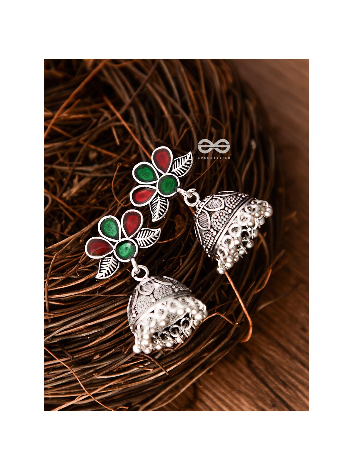 The Floral Delight Meenakari Arwork Jhumkis (Red-Green)