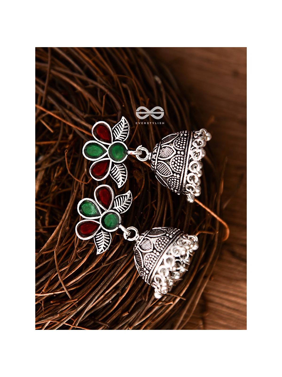 The Floral Delight Meenakari Arwork Jhumkis (Red-Green)