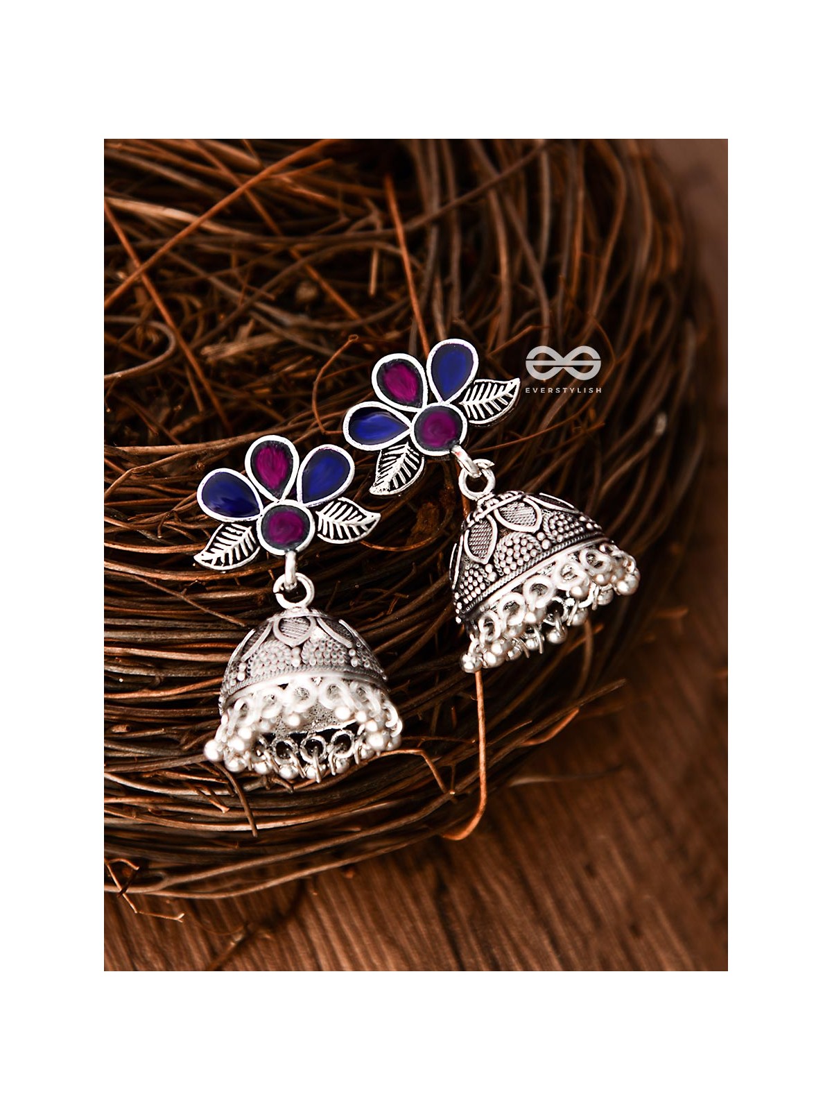 The Floral Delight Meenakari Arwork Jhumkis (Pink-Blue)
