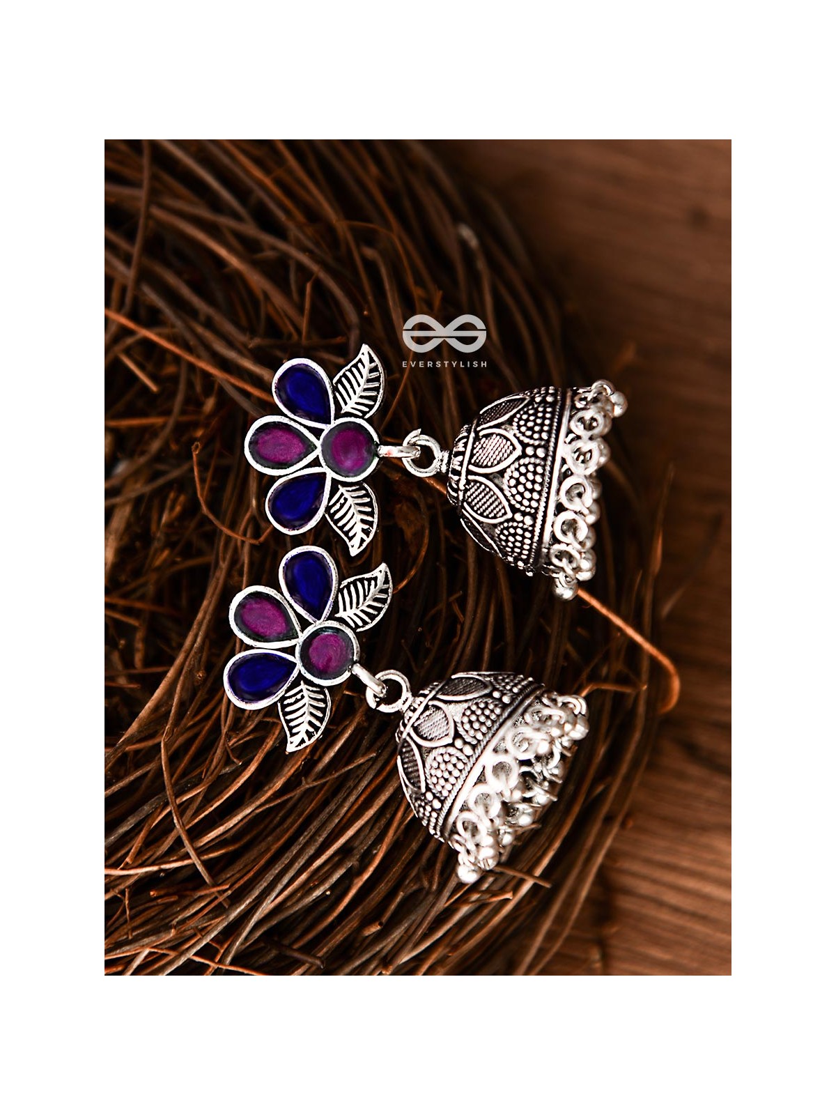 The Floral Delight Meenakari Arwork Jhumkis (Pink-Blue)