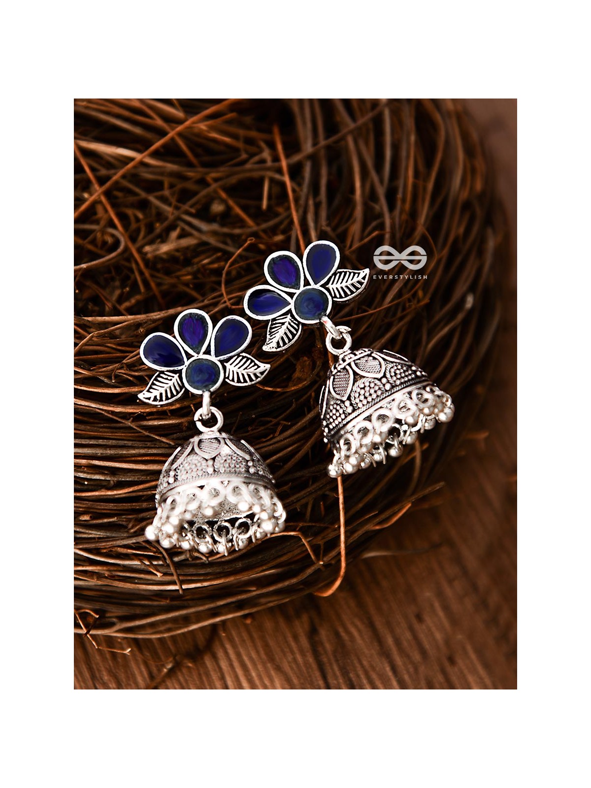 The Floral Delight Meenakari Arwork Jhumkis (Blue)