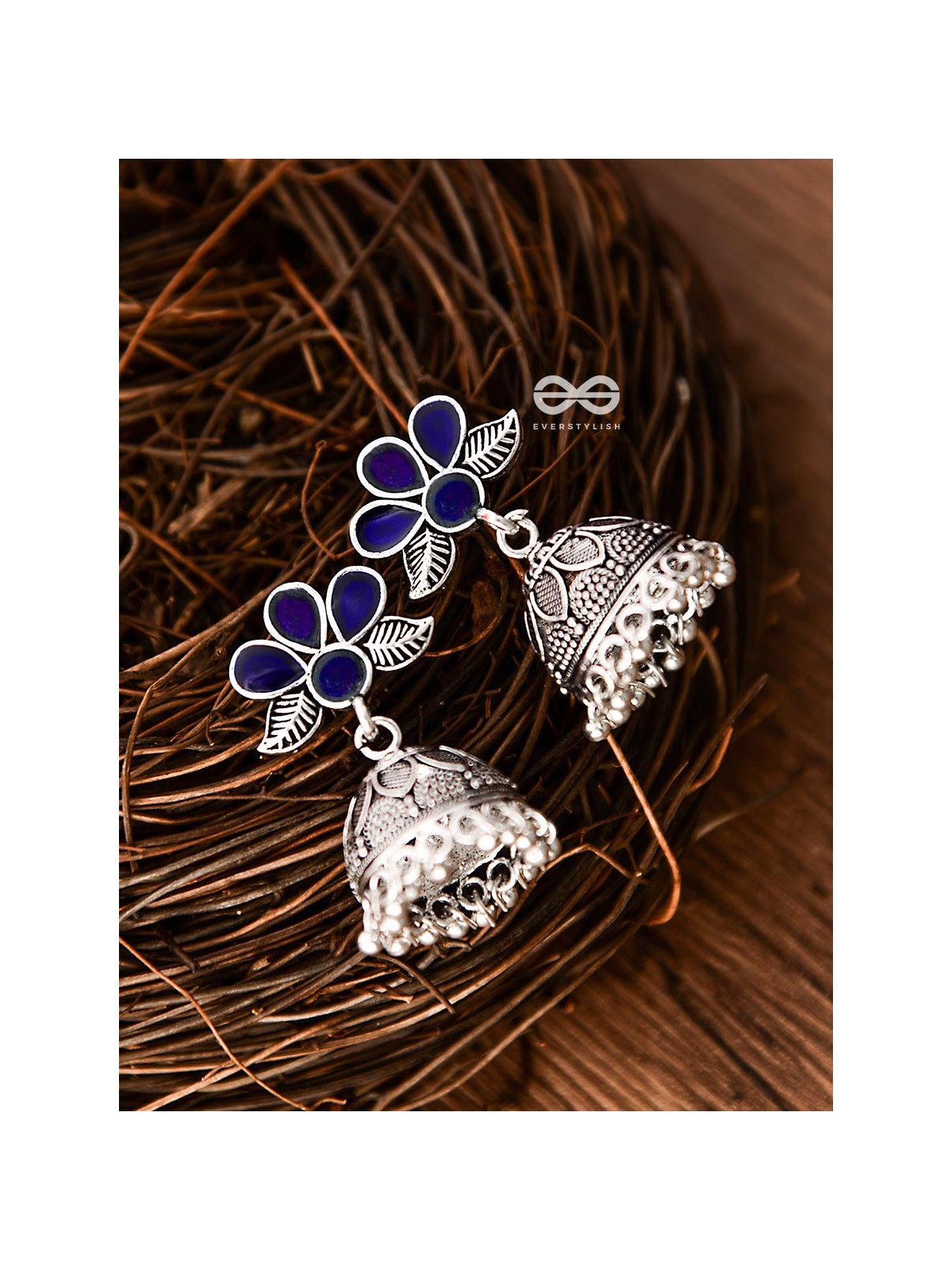 The Floral Delight Meenakari Arwork Jhumkis (Blue)
