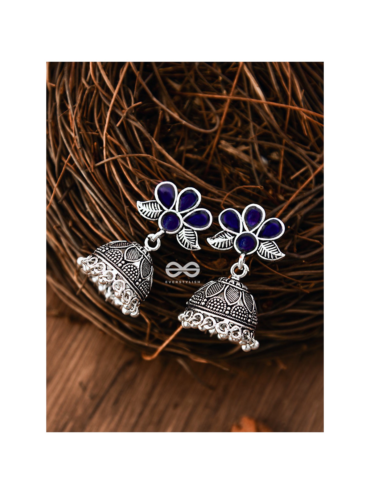 The Floral Delight Meenakari Arwork Jhumkis (Blue)