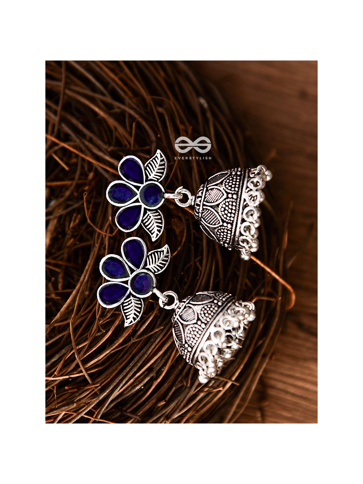 The Floral Delight Meenakari Arwork Jhumkis (Blue)