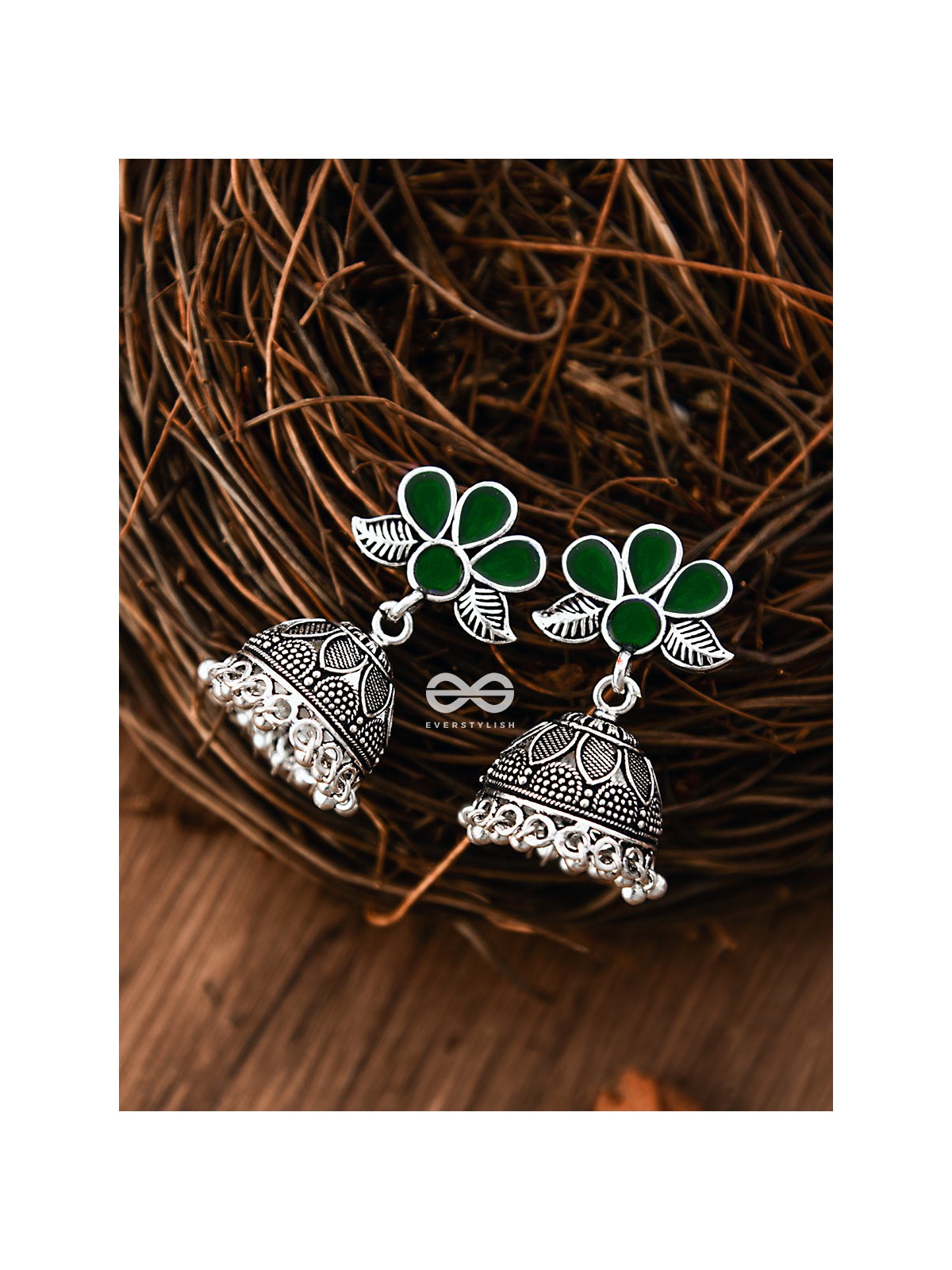 The Floral Delight Meenakari Arwork Jhumkis (Green)