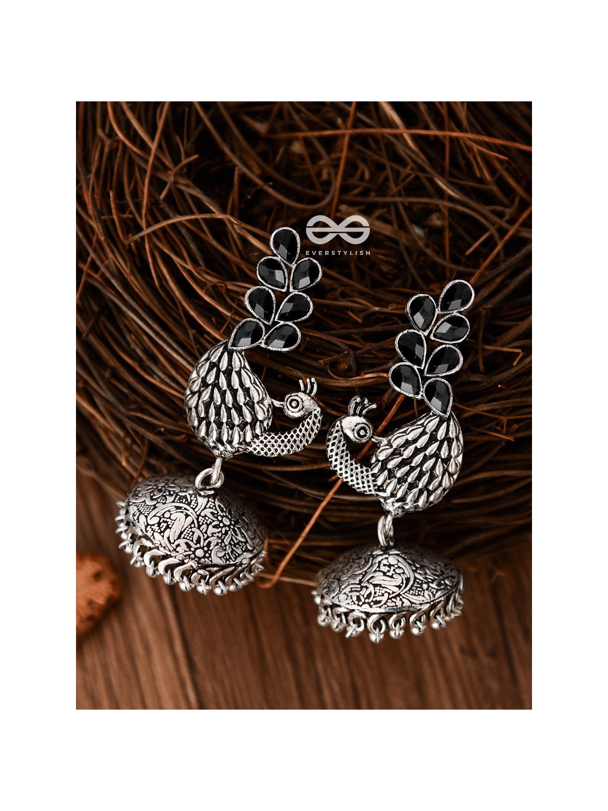 The Dancing Peacocks Engraved Jhumkis (Onyx Black) - Embellished Oxidised Collection