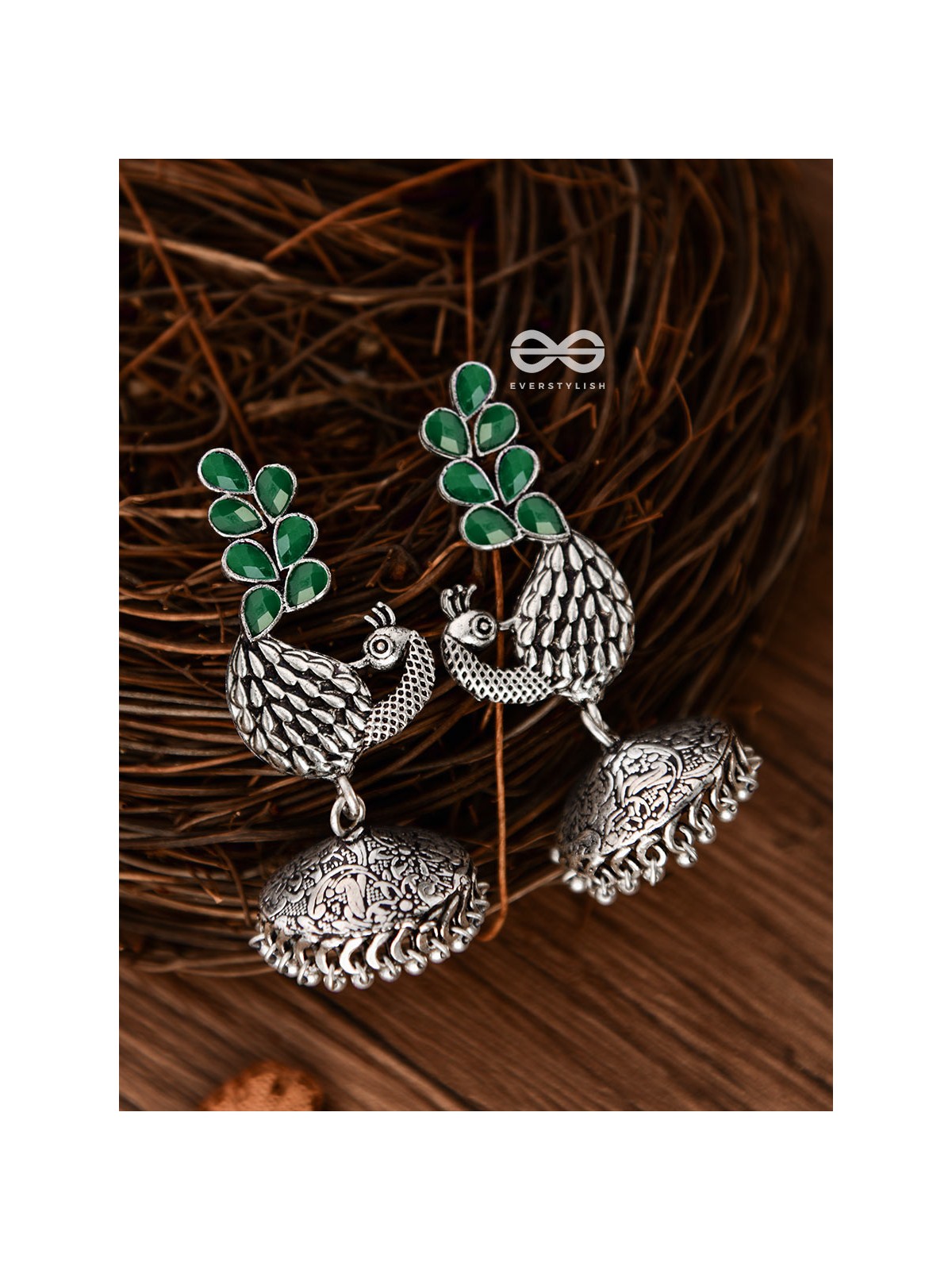 The Dancing Peacocks Engraved Jhumkis (Emerald Green) - Embellished Oxidised Collection