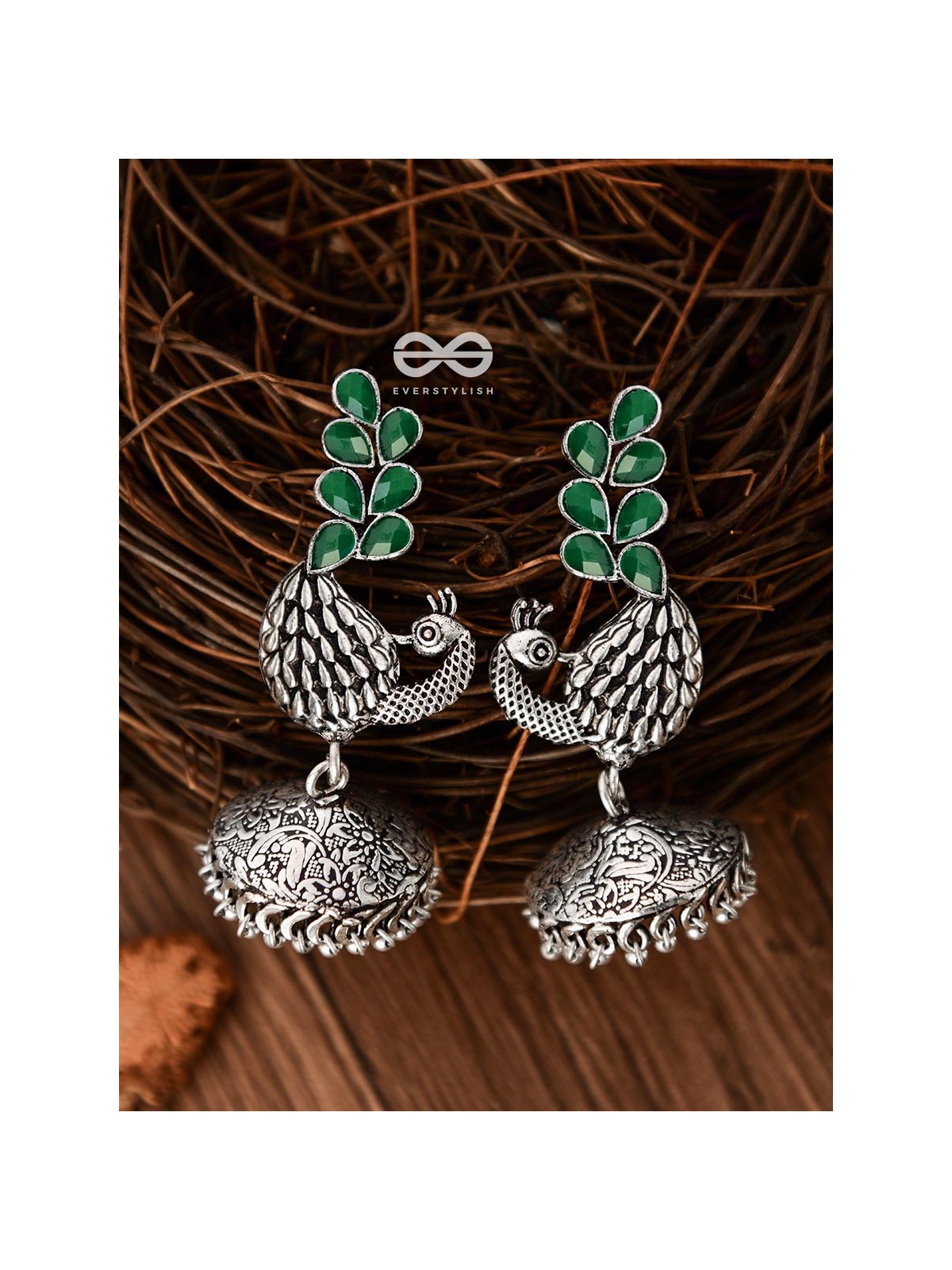 The Dancing Peacocks Engraved Jhumkis (Emerald Green) - Embellished Oxidised Collection
