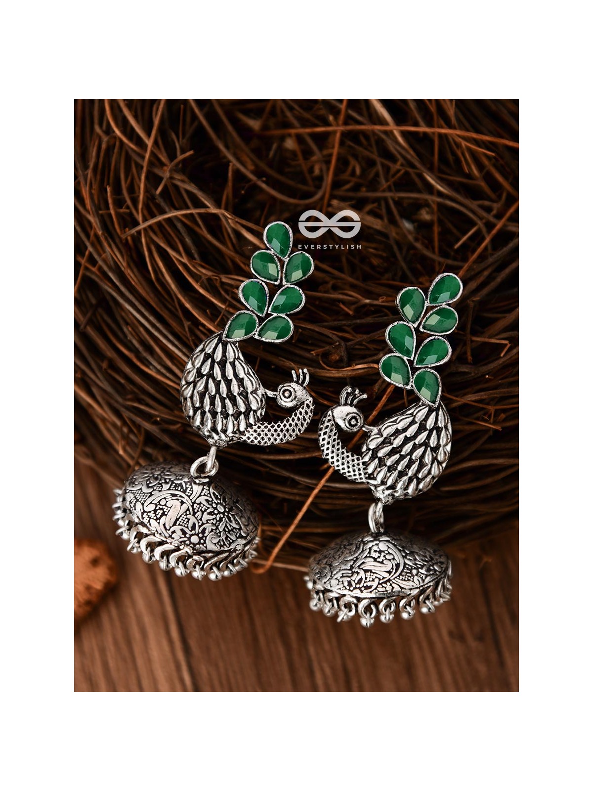 The Dancing Peacocks Engraved Jhumkis (Emerald Green) - Embellished Oxidised Collection