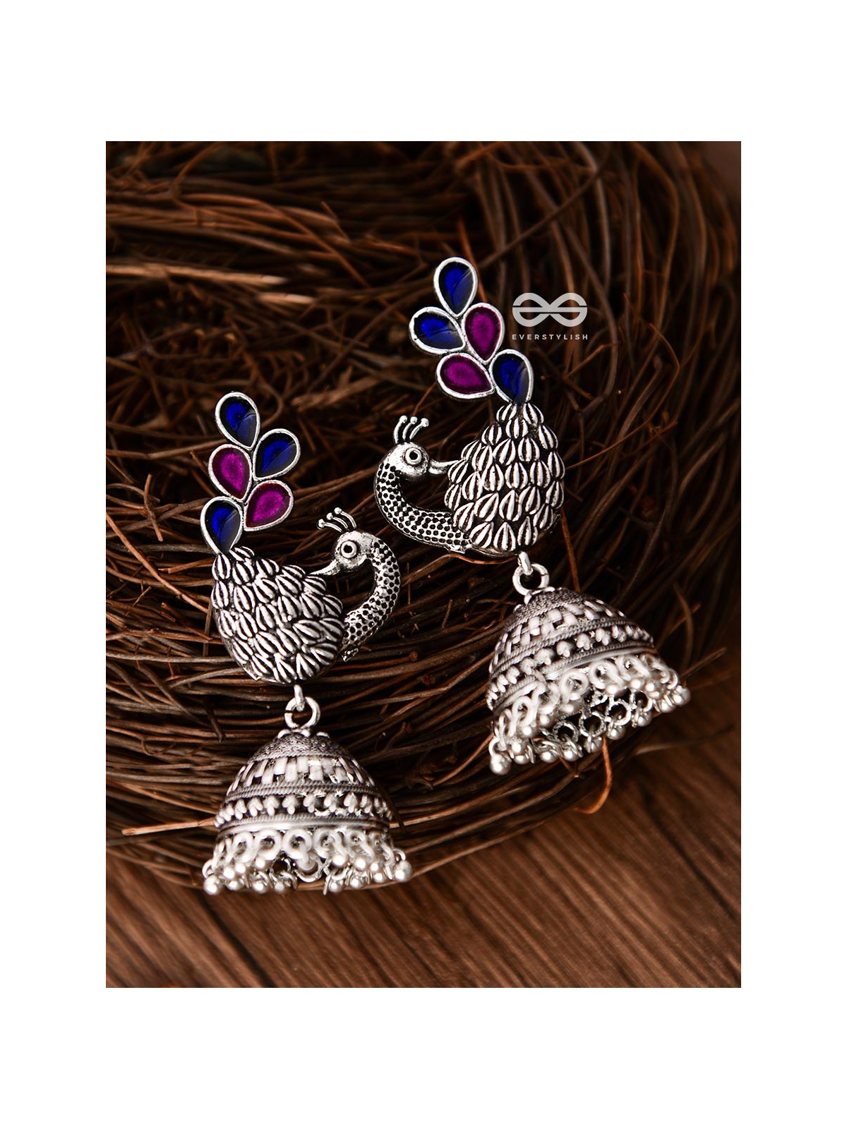 The Enamelled Dancing Peacocks Meenakari Artwork Jhumkas - (Pink-Blue)