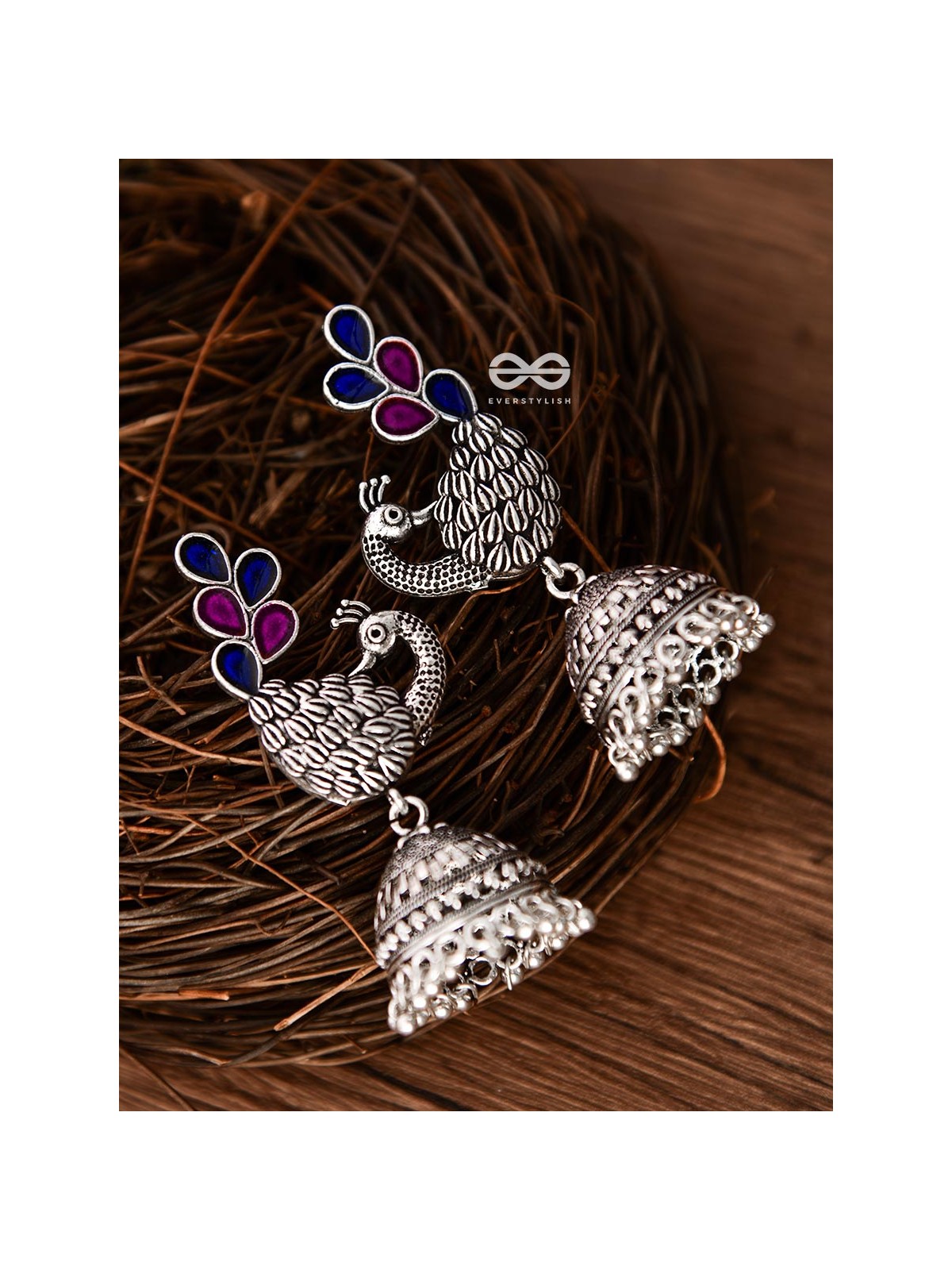 The Enamelled Dancing Peacocks Meenakari Artwork Jhumkas - (Pink-Blue)