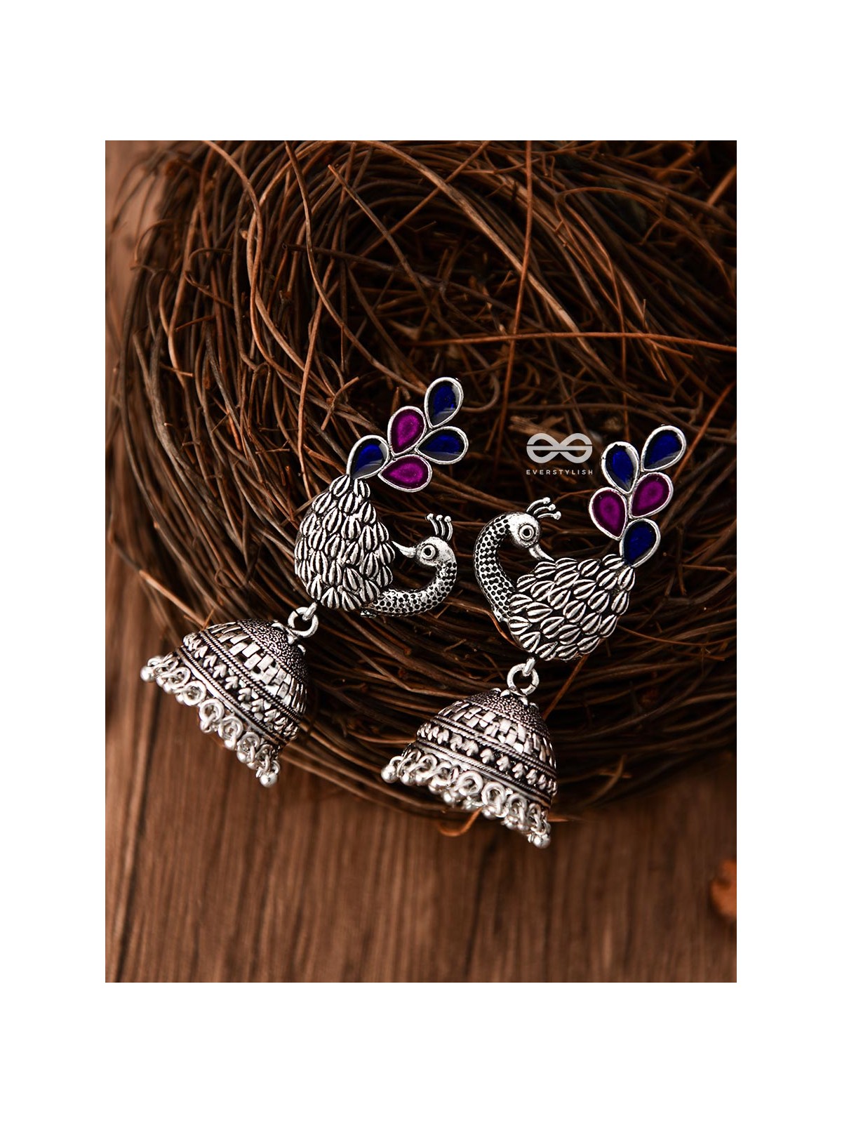 The Enamelled Dancing Peacocks Meenakari Artwork Jhumkas - (Pink-Blue)