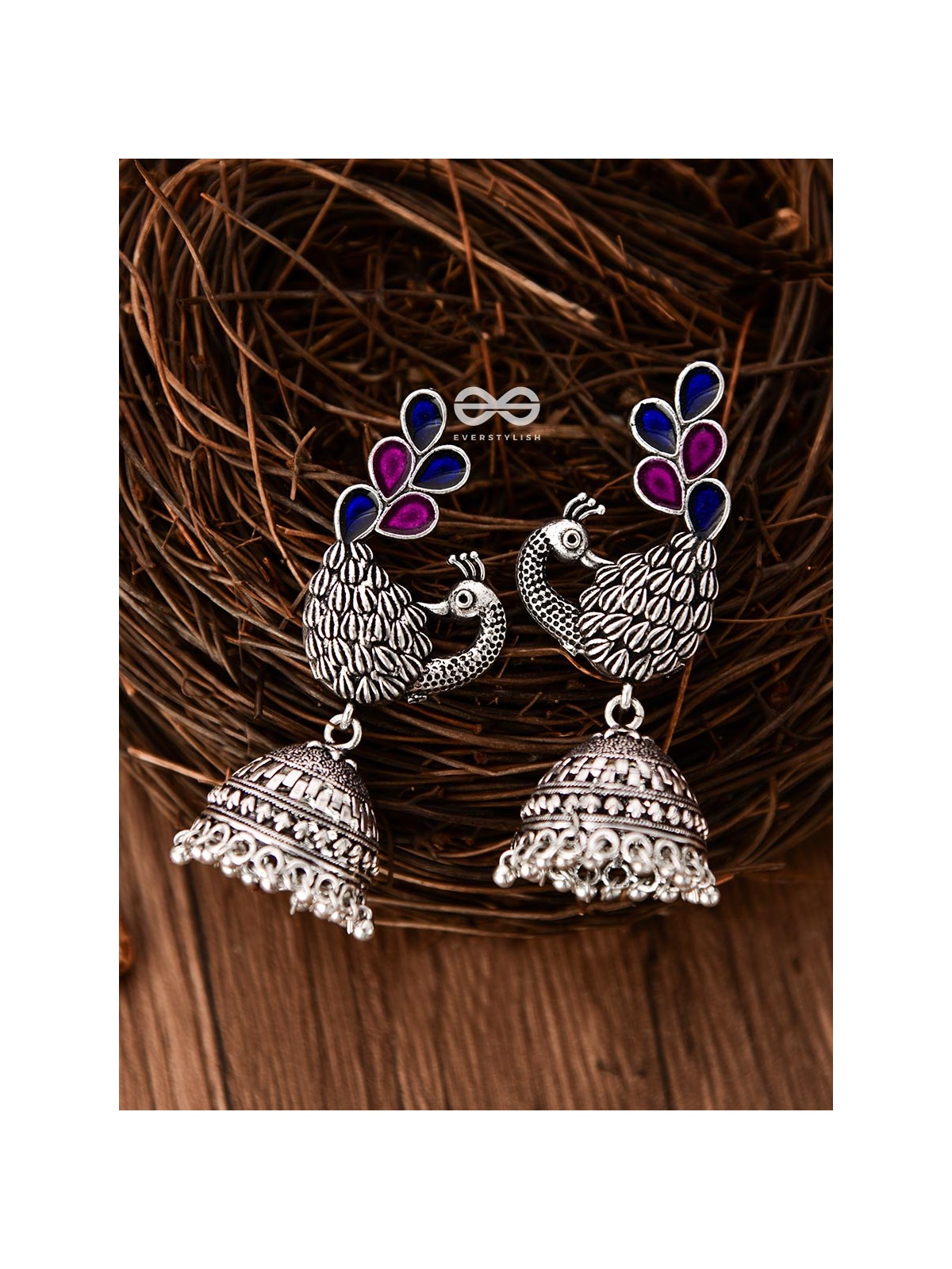 The Enamelled Dancing Peacocks Meenakari Artwork Jhumkas - (Pink-Blue)