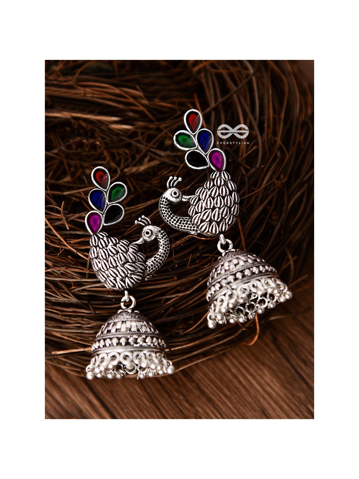 The Enamelled Dancing Peacocks Meenakari Artwork Jhumkas - (Multicoloured)