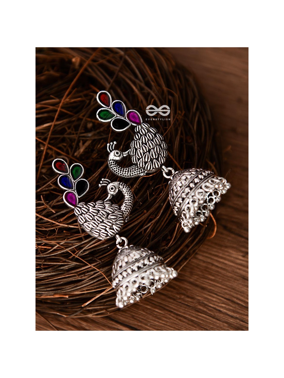 The Enamelled Dancing Peacocks Meenakari Artwork Jhumkas - (Multicoloured)
