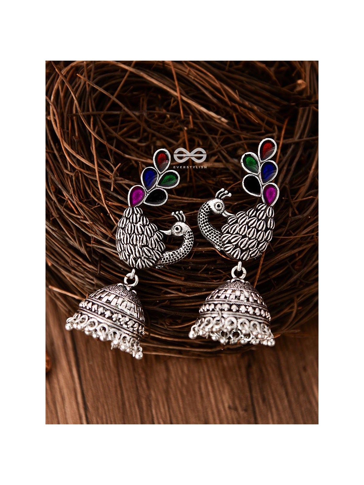 The Enamelled Dancing Peacocks Meenakari Artwork Jhumkas - (Multicoloured)