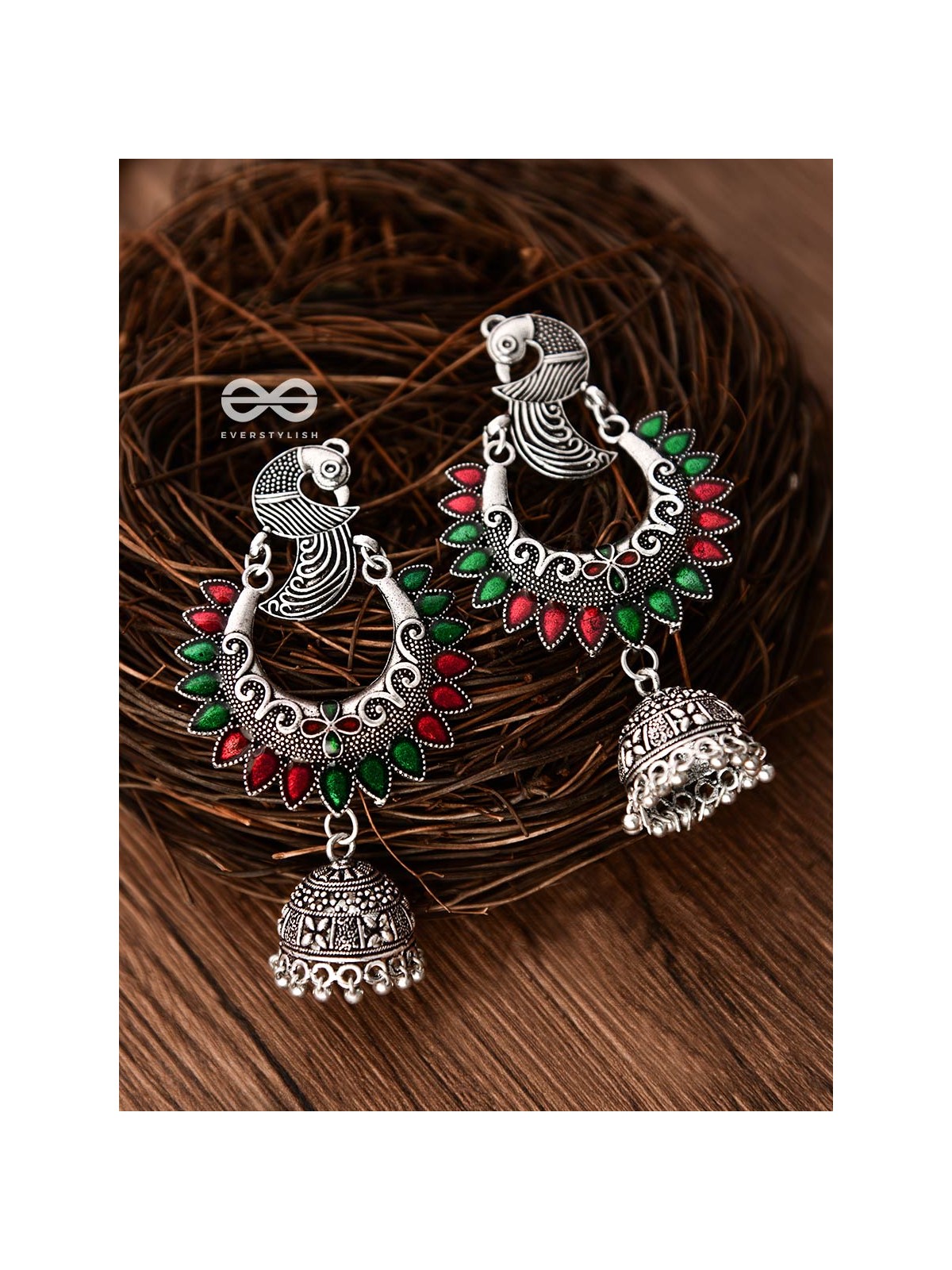 The Intricate Enamelled Peacocks Meenakari Artwork Jhumkas - (Red-Green)