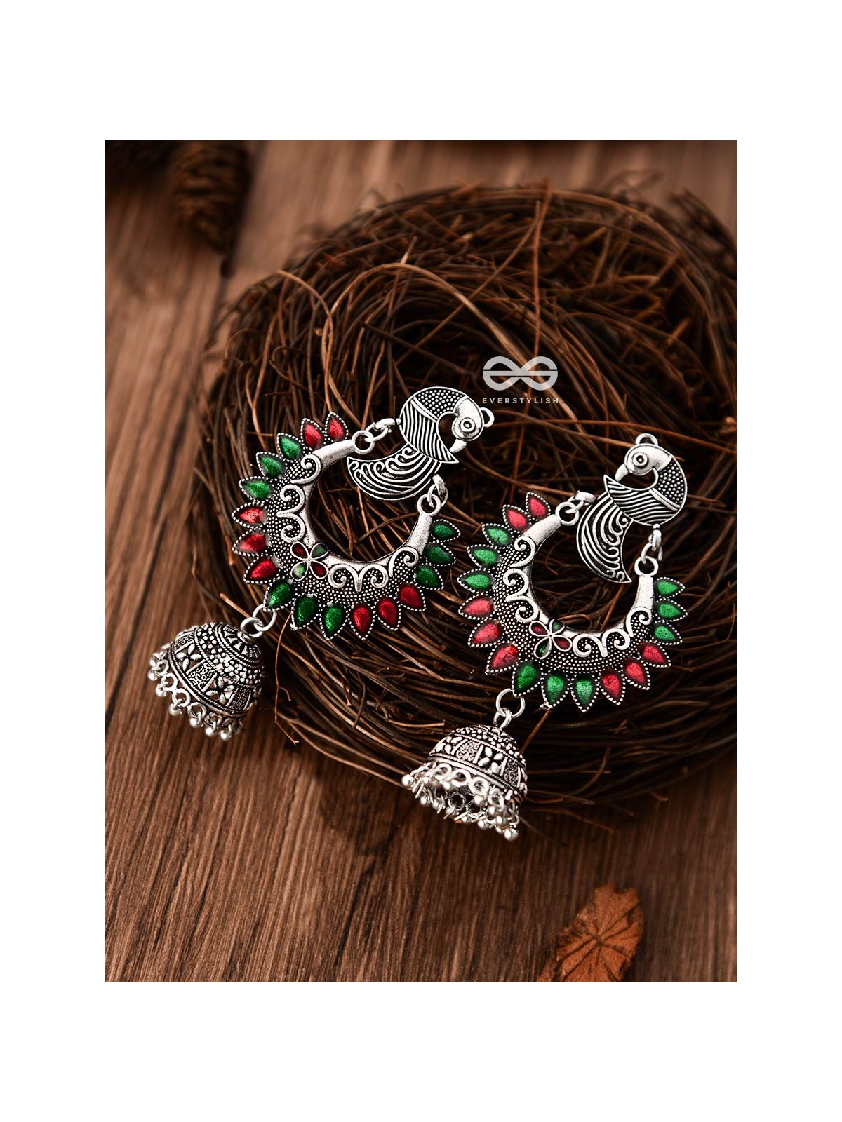 The Intricate Enamelled Peacocks Meenakari Artwork Jhumkas - (Red-Green)
