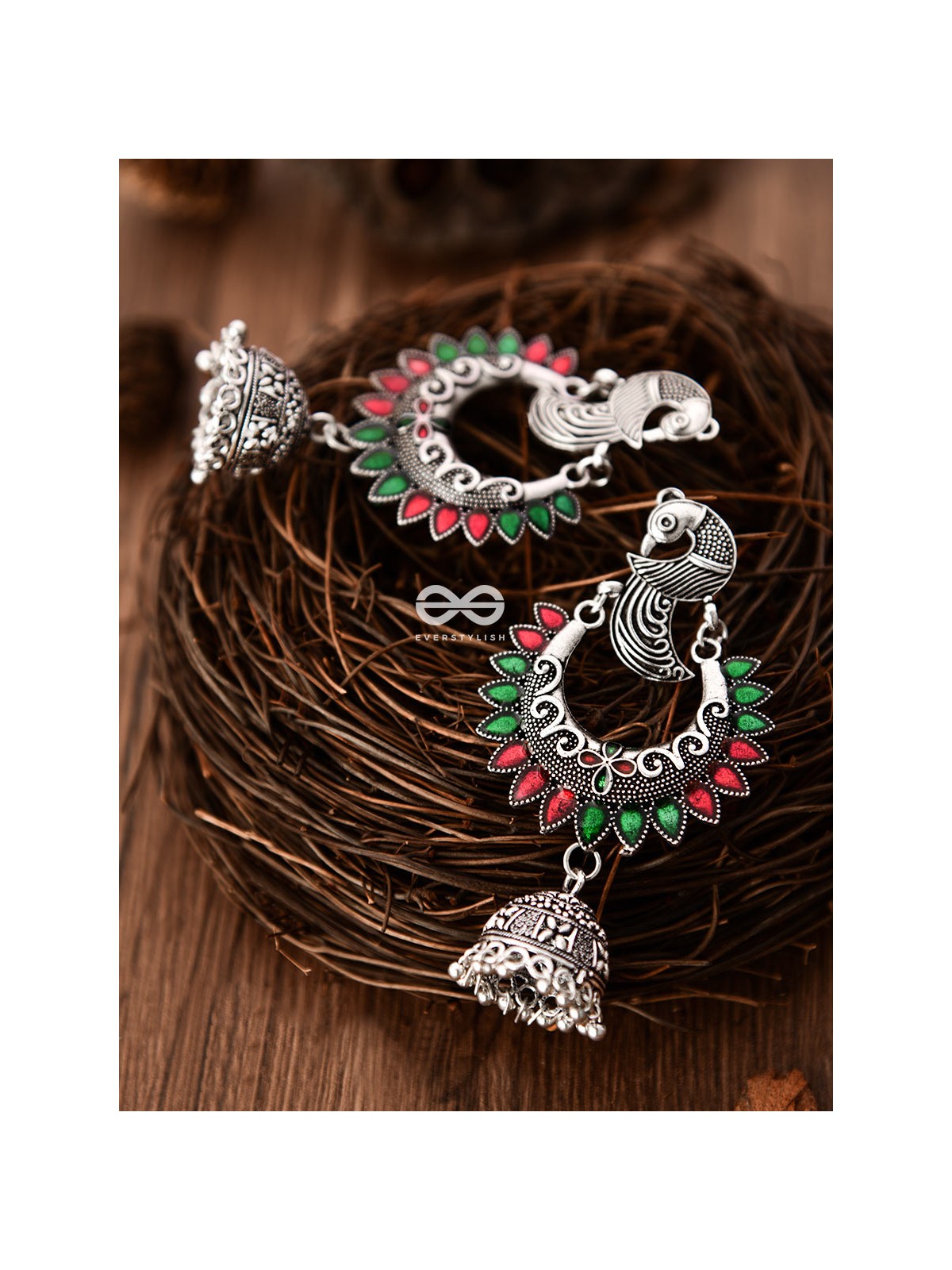 The Intricate Enamelled Peacocks Meenakari Artwork Jhumkas - (Red-Green)