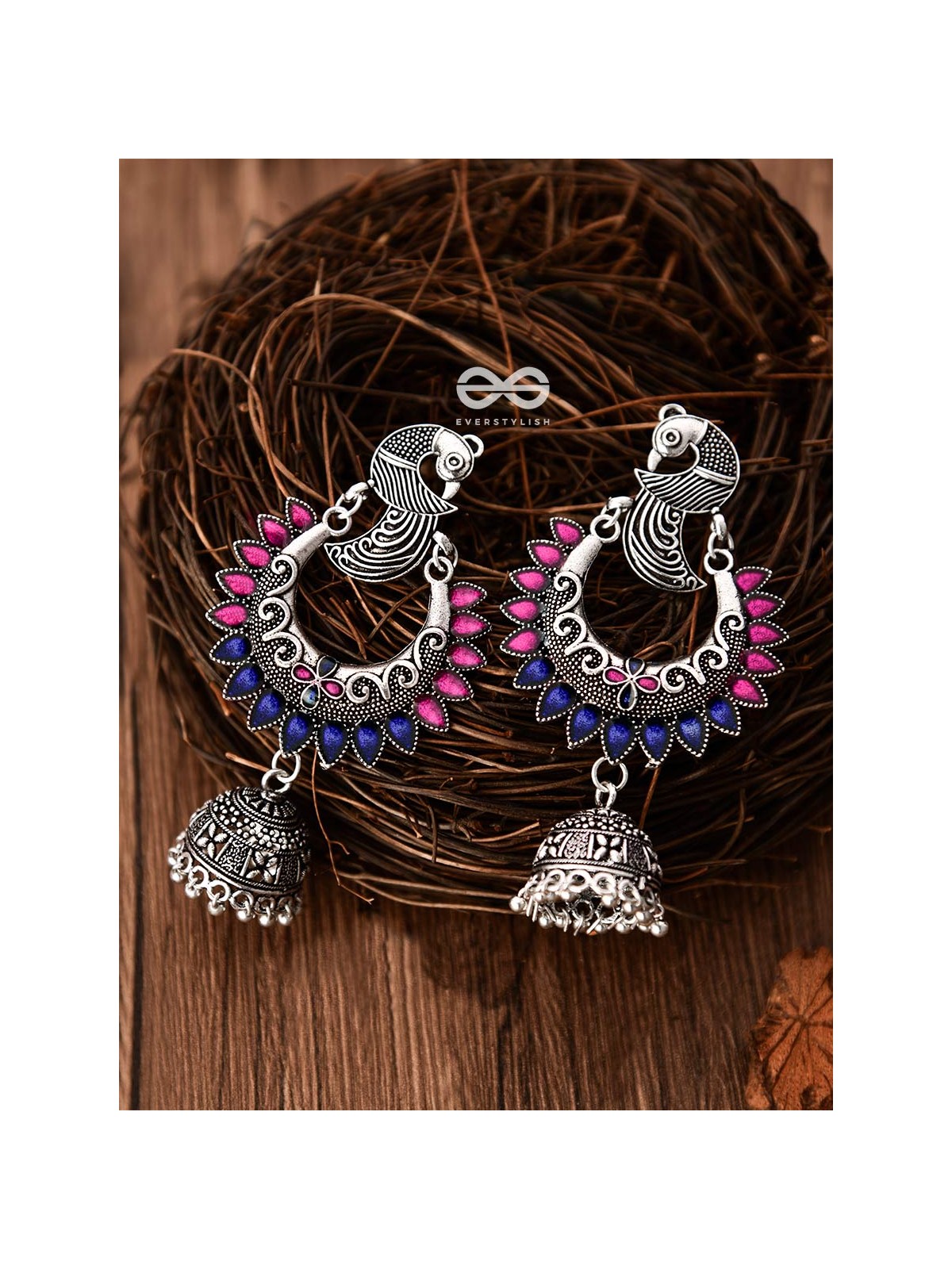 The Elegant Enamelled Peacocks Meenakari Artwork Jhumkas - (Pink-Blue)