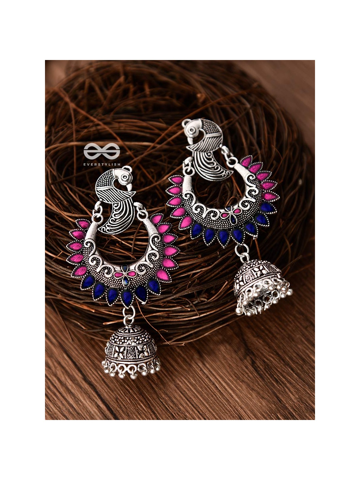 The Elegant Enamelled Peacocks Meenakari Artwork Jhumkas - (Pink-Blue)