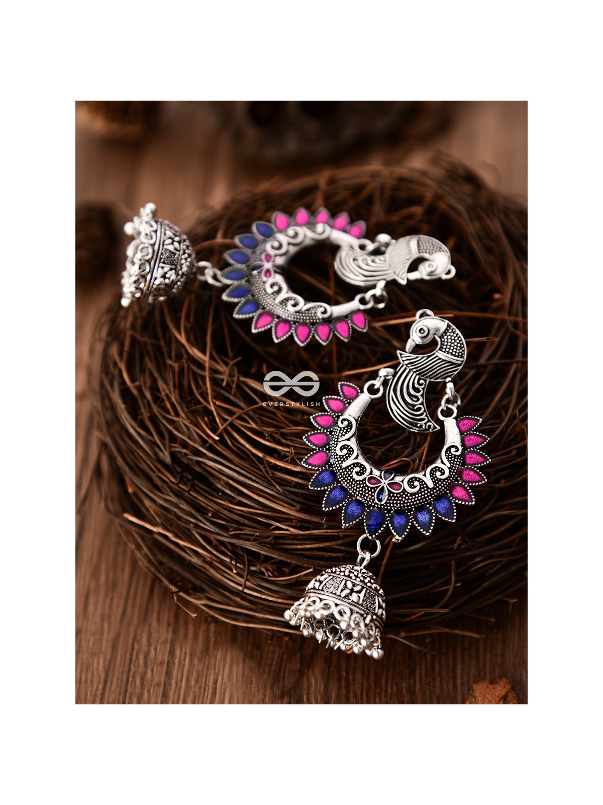 The Elegant Enamelled Peacocks Meenakari Artwork Jhumkas - (Pink-Blue)