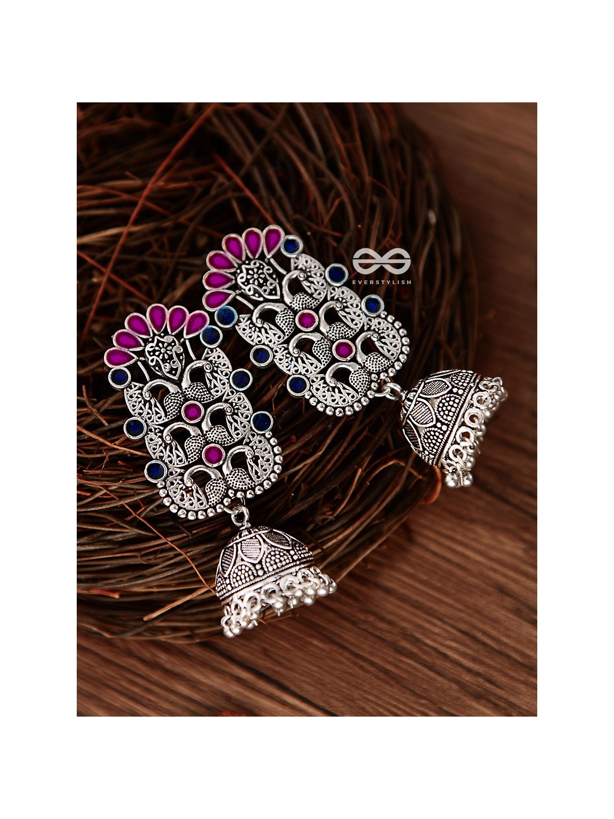 The Intricate Enamelled Peacocks Meenakari Artwork Jhumkas - (Pink-Blue)