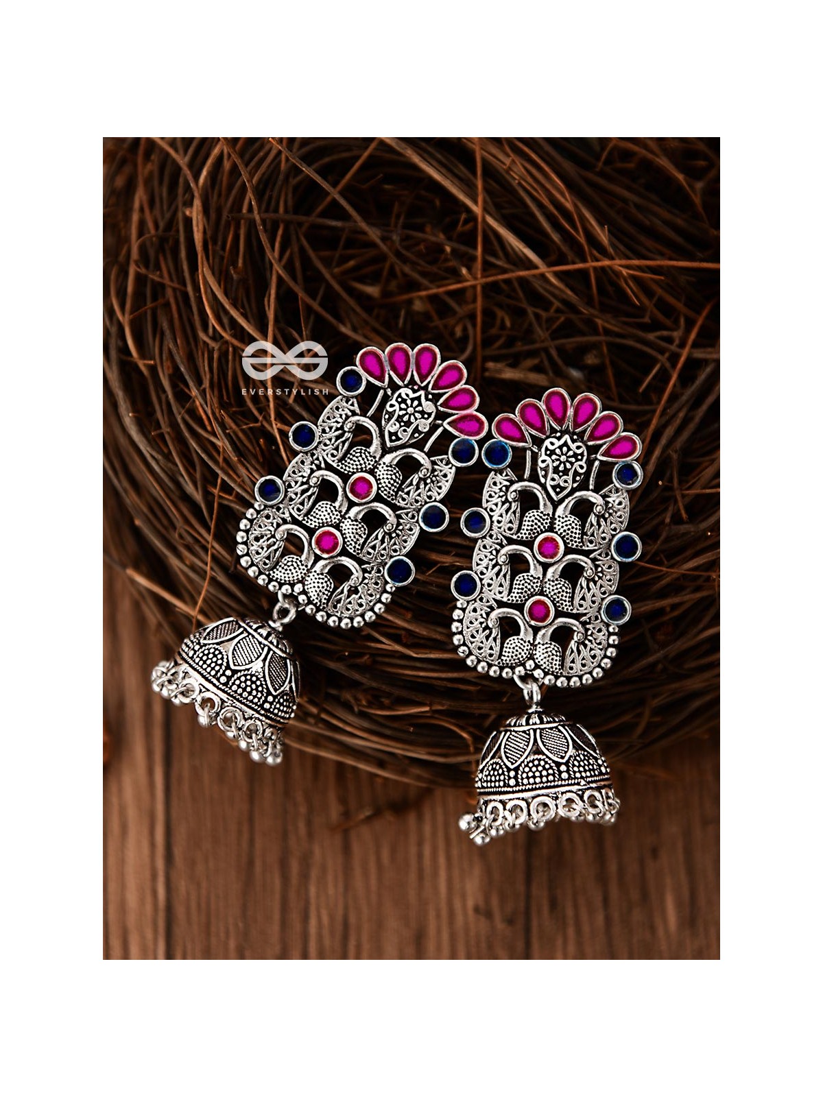 The Intricate Enamelled Peacocks Meenakari Artwork Jhumkas - (Pink-Blue)