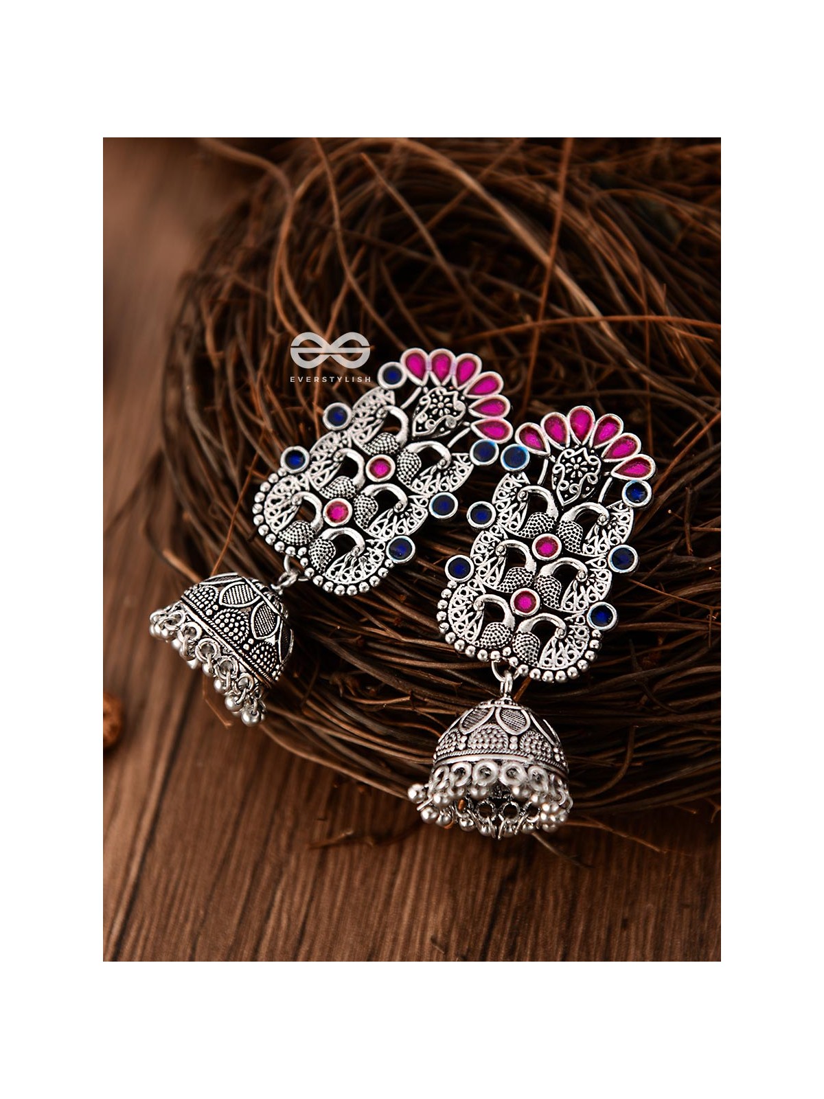The Intricate Enamelled Peacocks Meenakari Artwork Jhumkas - (Pink-Blue)