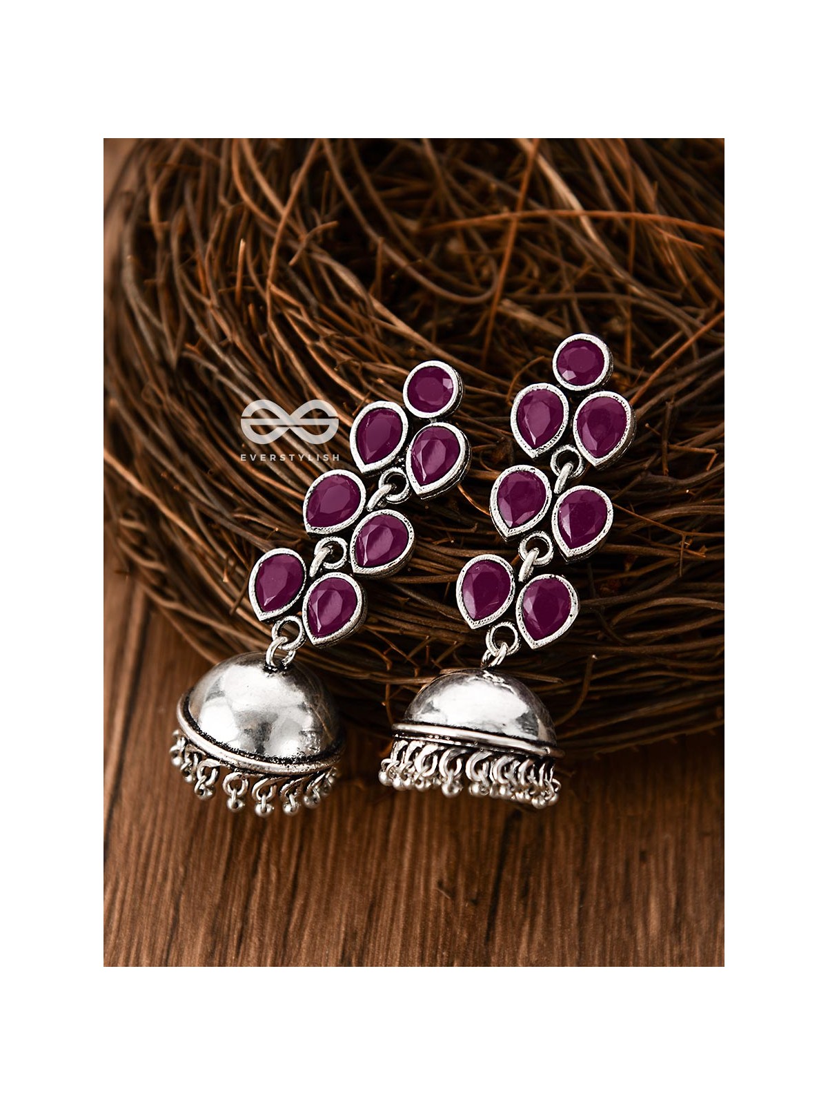 The Playfully Elegant Jhumkas (Ruby Red) - Embellished Oxidised Collection