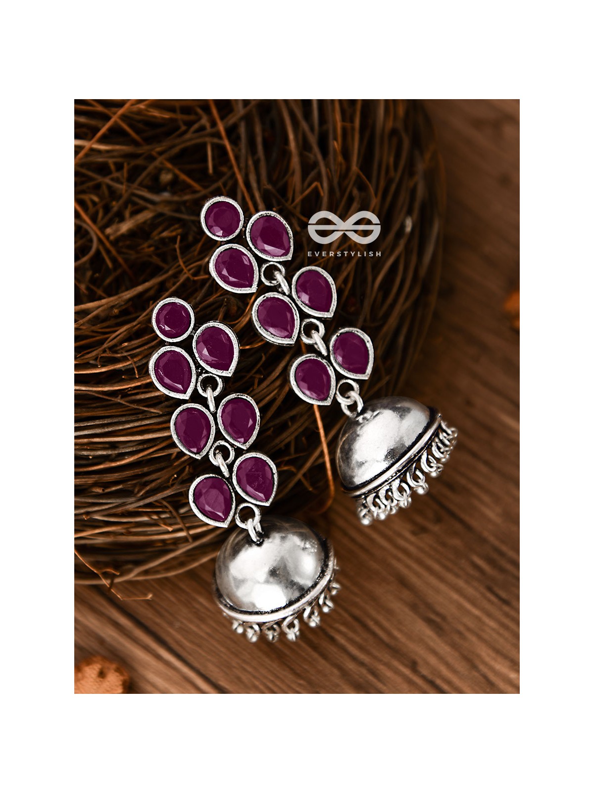 The Playfully Elegant Jhumkas (Ruby Red) - Embellished Oxidised Collection