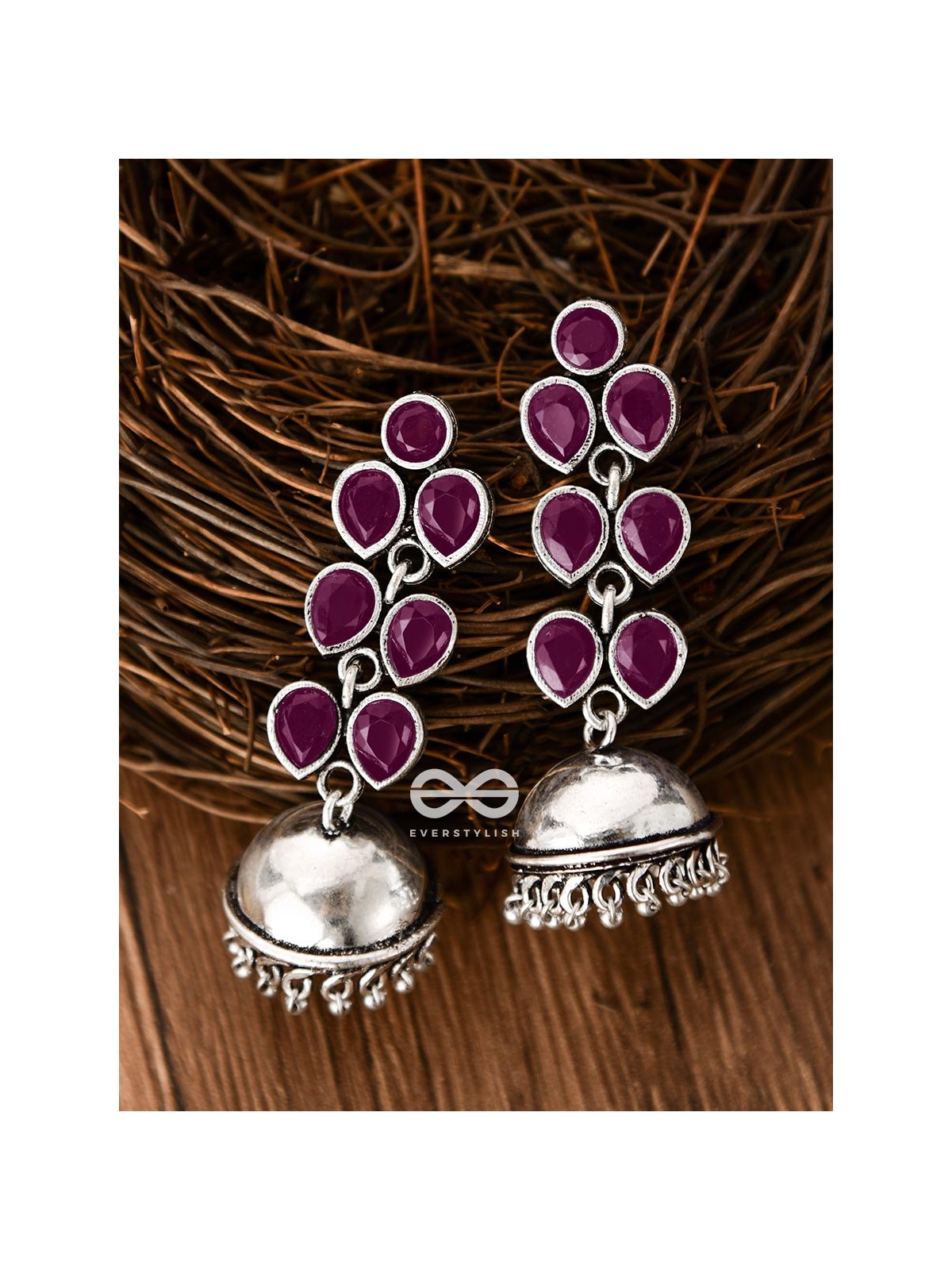 The Playfully Elegant Jhumkas (Ruby Red) - Embellished Oxidised Collection