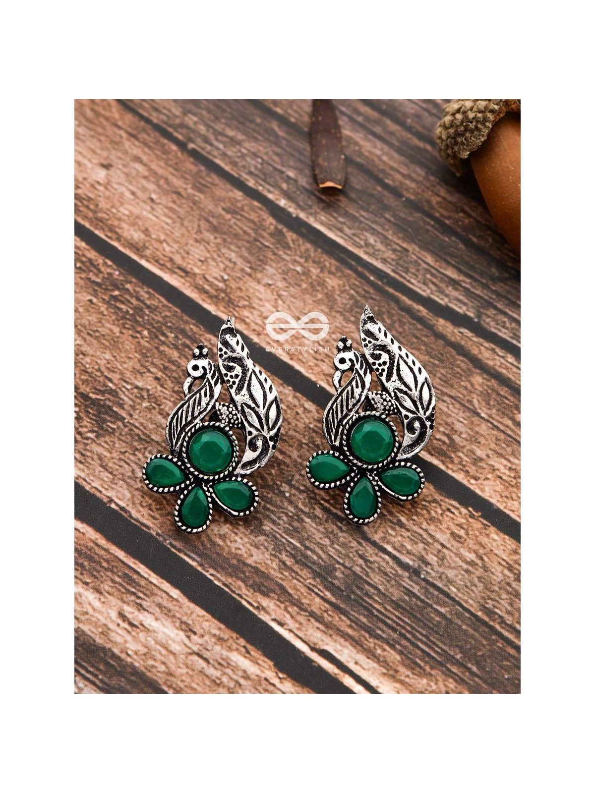 The Little Studded Peacock Studs - Emerald Green - The Embellished Oxidised Collection